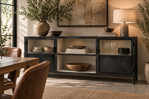 Vintage Style Metal Sideboard <b>Black</b> Glass Doors Storage <b>Cabinet</b> for Dining and <b>Living</b> <b>Room</b> Furniture - Product Image 2