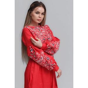 Vestido midi de algodón rojo bordado para mujer, vestido largo étnico bohemio con mangas largas y cinturón en la cintura - Product Image 3