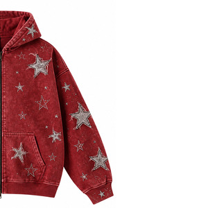 Custom Acid Wash Red <b>Black</b> Rhinestone <b>Zip</b> <b>Up</b> <b>Hoodie</b> Heavyweight Oversized Full Graphic Print Vintage Fashion Hoodies Supplier - Product Image 6