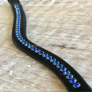 Banda de cuero genuino hecha a mano para cejas de caballo, con cadena de cristal azul ostentosa, canal vacío y banda acolchada para cejas - Product Image 5