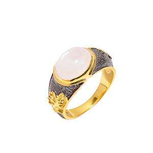 อินเทรนด์การออกแบบสายรุ้งมูนสโตนสองโทนแหวนพลอยทองและโรเดียมชุบ925เครื่องประดับเงินสเตอร์ลิงแหวนขายส่ง - Product Image 1