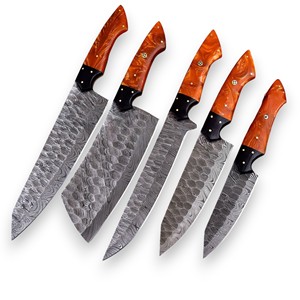 Juego de Cuchillos de Chef Profesionales Hechos a Mano de Acero de Damasco de 5 Piezas con Mango de Resina Epoxi, Espiga Completa, Ligeros, Grado Industrial, Alta Calidad - Product Image 1