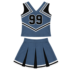 Ensemble d'uniforme de cheerleading bleu acier, noir et blanc, avec crop top sans manches à col en V et jupe plissée, pour spectacle de danse et équipe de cheerleading - Product Image 2
