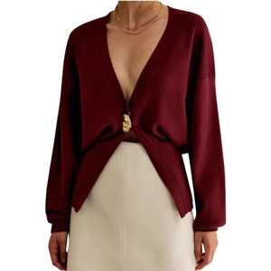 Cárdigan de Punto Borgoña para Mujer, Manga Larga, Cuello en V, Cierre con Lazo, Botón Único, Elegante, Color Sólido, Prenda de Otoño - Product Image 1