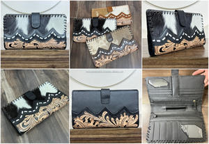 Cartera Larga de Cuero Vacuno con Pelo, Estilo Vintage Occidental para Mujer, con Diseño Floral en Cuero Repujado a Mano - Product Image 3