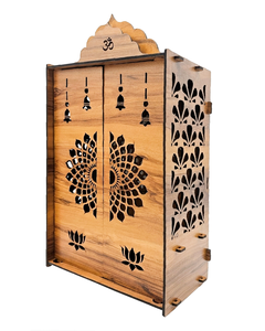 Mandir hindou en bois artisanal, meuble de prière découpé au laser avec motifs de lotus et de cloche, temple indien en bois pour la prière hindoue - Product Image 2
