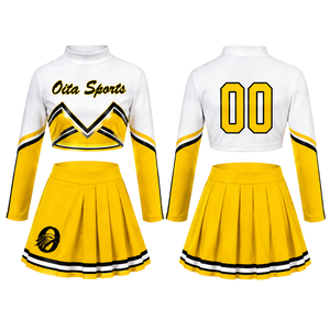 Yellow White Sublimated Cheer <b>Long</b> Sleeve Uniform Set <b>Pleated</b> <b>Skirt</b> Team Athletic Sportswear Training Practice Performance - Product Image 1