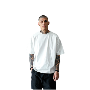 T-shirt en coton blanc surdimensionné pour homme, col rond, manches courtes, jersey uni décontracté - Product Image 1