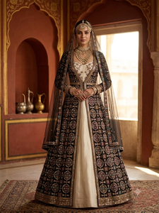 Black cotton fabric embroidered circular mandala sequin pattern for women jacket bridal lahenga abaya kaftan sherwani homedecor - Product Image 6