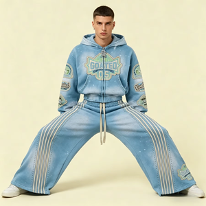 Ensembles deux pièces personnalisés avec appliques brodées, en molleton délavé à l'acide, comprenant un pantalon de survêtement à double taille et un sweat à capuche zippé - Product Image 3