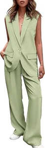 Women Sleeveless <b>Blazer</b> <b>Set</b> Solid Color Wide Leg Pants Two Piece Suit Formal Spring Summer Woven Fabric Notched Collar - Product Image 6