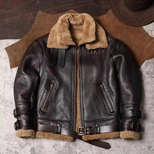 Blouson aviateur en cuir véritable marron pour homme, style motard, coupe-vent, chaud pour l'hiver, fermeture éclair - Product Image 1