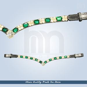 Fronture de cheval en cuir de vachette, artisanale de qualité supérieure, anatomique en forme de V, ornée de strass en cristal blanc effet émeraude haute clarté - Product Image 4