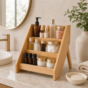 Wooden 3-Tier <b>Storage</b> Rack Organizer for Bathroom Countertop with Divided <b>Shelves</b> Minimalist Design Durable Handcrafted - Product Image 1