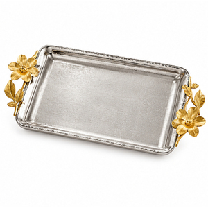 Classic Rectangular Decorative Serving <b>Tray</b> With Gold Floral Handles Hammered Metal <b>Tray</b> Table For Catering And Hotel <b>Buffet</b> - Product Image 6