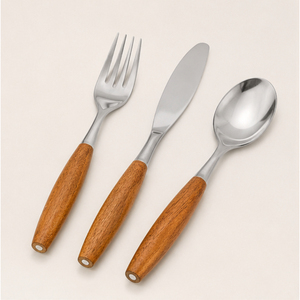 Ensemble de couverts écologiques en acier inoxydable avec manche en bois naturel, finition polie miroir, pour la restauration fine, les hôtels et les fêtes - Product Image 5