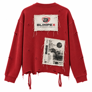 Custom Distressed Patchwork Sweatshirt Oversized Red <b>Waffle</b> Knit Streetwear Crewneck with Original Artwork OEM Private Label - Product Image 3