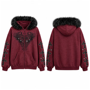 Sudadera con capucha gótica para mujer con cremallera, capucha de piel sintética, estampado de cruz, manga larga, chaqueta de invierno, ajuste regular, de algodón tejido - Product Image 1