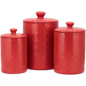 Red Metal <b>Kitchen</b> Canister Set Embossed Diamond Pattern Food <b>Storage</b> Jar with Airtight Lid Decorative Sugar Coffee Container - Product Image 1