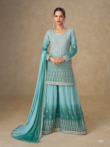 Sayuri Designer Shivani <b>Top</b> Palazzo Dupatta Set Heavy Real Georgette With Embroidery sequence work and Real Mirror India Export - Product Image 3