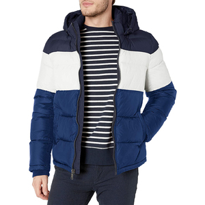 Men's Navy <b>White</b> Woolen Eco-friendly Hooded Coat Casual <b>Puffer</b> <b>Jacket</b> Regular Fit Solid Color Polyester Zipper Front Breathable - Product Image 1