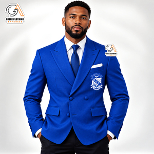 เสื้อเบลเซอร์ผู้ชายสีขาว แบรนด์ Phi Beta Sigma ปกคอปกแบบมีรอยบาก ปักโลโก้ด้านหน้า สีน้ำเงิน ผ้าถัก ป้องกันรอยยับ ป้องกันไฟฟ้าสถิต - Product Image 1