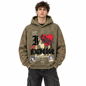 Sudadera con Capucha Extra Grande de Primera Calidad, Color Verde Oliva, Lavado Ácido, Diseño Gráfico Desgastado, Estilo Hip Hop Urbano, Raglán - Product Image 2