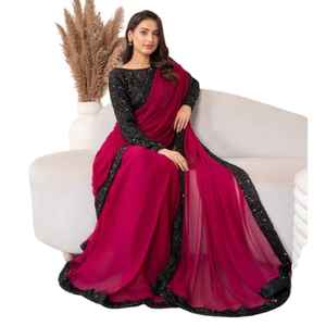 Sari de organza más vendido para fiestas, festivales y bodas - Sari de lujo con bordado elaborado y sin arrugas, listo para usar - Product Image 1