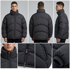 Unisex Black Color Puffer Jacket Winter <b>Coat</b> <b>Stand</b> Collar Zip Up Outdoor Streetwear Custom Apparel OEM ODM - Product Image 4