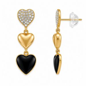 Pendientes colgantes vintage antideslustre con triple corazón y piedra negra para mujeres y niñas - Product Image 1