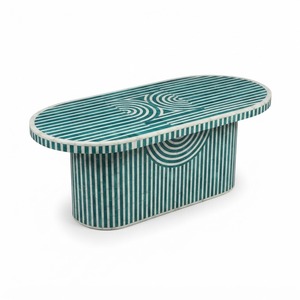 Table basse de luxe bleu sarcelle avec incrustations en os, faite à la main, ronde, rayée, personnalisable, mobilier de salon moderne sur piétement - Product Image 4