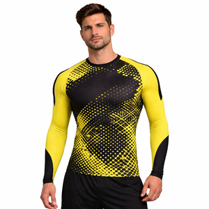 <b>Men</b> Black Yellow Rash Guard Long Sleeve <b>Compression</b> <b>Shirt</b> Quick Dry Stretch Surf Swim Training Performance Wear Top UPF50+ - Product Image 1