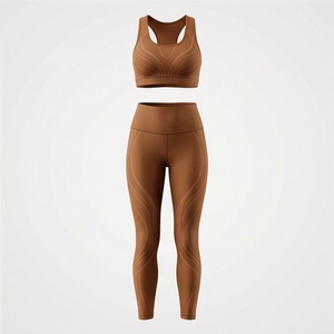 Conjunto de yoga para mujer, color marrón, con espalda cruzada, cintura alta, leggings largos, conjunto de 2 piezas para gimnasio - Product Image 1