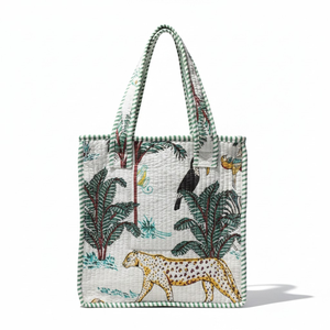 Wholesale Custom Quilted Cotton Canvas Tote <b>Bag</b> Jungle Safari Animal Print Leopard Tropical Palm Tree Beach Shopping <b>Bag</b> - Product Image 1