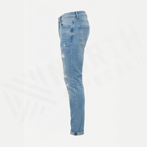 Jean en denim déchiré coupe slim pour homme, taille mi-haute, jambe droite, en coton, style décontracté, bleu délavé, collection printemps - Product Image 3