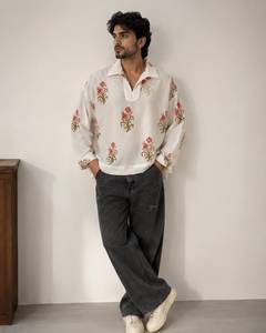 Chemise décontractée pour homme, coupe ample, imprimé floral dessiné à la main, manches longues, col rabattu, respirante, 100% coton, été, ODM - Product Image 1