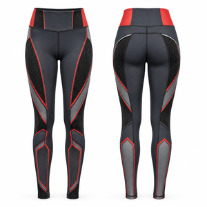 Leggings de yoga taille haute pleine longueur, motif géométrique color block, empiècement en maille, surpiqûres contrastées, en Spandex et Polyester, respirants et sans coutures - Product Image 1