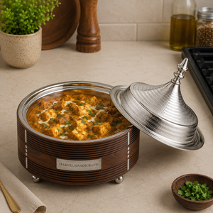 Plat de service de luxe en acier inoxydable isolé avec finition bois, fait main, pour maintenir les aliments au chaud, vaisselle de cuisine haut de gamme - Product Image 3
