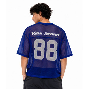 Camiseta de fútbol americano unisex personalizada de malla transparente al por mayor, transpirable, con cuello en V, estilo urbano, ligera y transparente. - Product Image 3