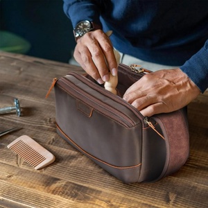Trousse de Toilette Grande en Cuir de Buffle Véritable Marron Foncé, Imperméable, Double Fermeture Éclair, Idéale pour Cadeau de Garçons d'Honneur - Product Image 4