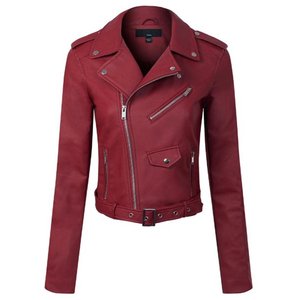 Veste de motard en similicuir tricoté pour femme, fermeture éclair rouge, coupe-vent, vêtement d'extérieur d'hiver - Product Image 4