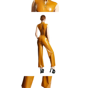 Women's Mustard PU Coated Sleeveless <b>Jumpsuit</b> High Waist Polo Collar Button Front Sexy Clubwear Bodycon Fit - Product Image 2