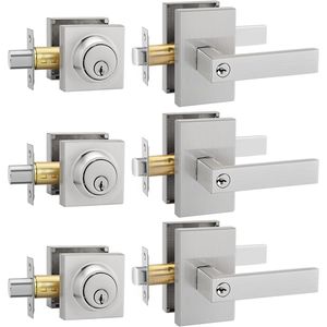 Set Serratura per Porta d'Ingresso Quadrata Contemporanea Rinforzata con Maniglia Esterna in Nichel Spazzolato - Product Image 1
