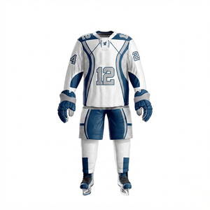 Ensemble d'uniformes de hockey sur glace personnalisés par sublimation pour hommes adultes, maillot et pantalon, manches longues, col en V, maille respirante, blanc et bleu, taille 12 - Product Image 2