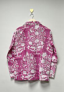 Ensemble de pyjama en coton écologique Sanganeri imprimé 3 pièces, chemise à boutons rayée florale rose, pantalon assorti, printemps, été, automne - Product Image 4
