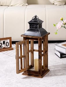 Lanterne en bois vintage, porte-bougie décoratif, lanterne suspendue avec dessus en métal et panneaux en verre - Product Image 2