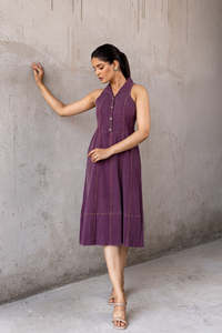 Wine Cotton Denim Midi Dress With <b>Polo</b> <b>Neck</b> Sleeveless For Women Featuring Lightweight Fabric Modern Style Comfortable Fit - Product Image 2