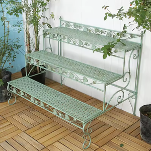 Mint Green 3 Tier Metal Plant <b>Stand</b> with Leaf Scroll Design Outdoor Garden Flower <b>Pot</b> Display Rack Patio Shelf - Product Image 3