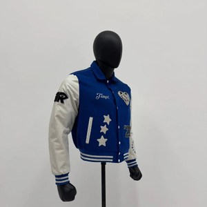 Varsity Jacket <b>Men</b> <b>Blue</b> White Embroidered Stars Lettering Preppy Style Regular Fit Turn-down Collar Autumn Wear - Product Image 1