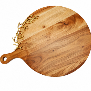 Wood Charcuterie Board with Gold Ginkgo Leaf Handle Custom <b>Wooden</b> Cheese Board Premium Acacia Serving Platter for Wedding - Product Image 5